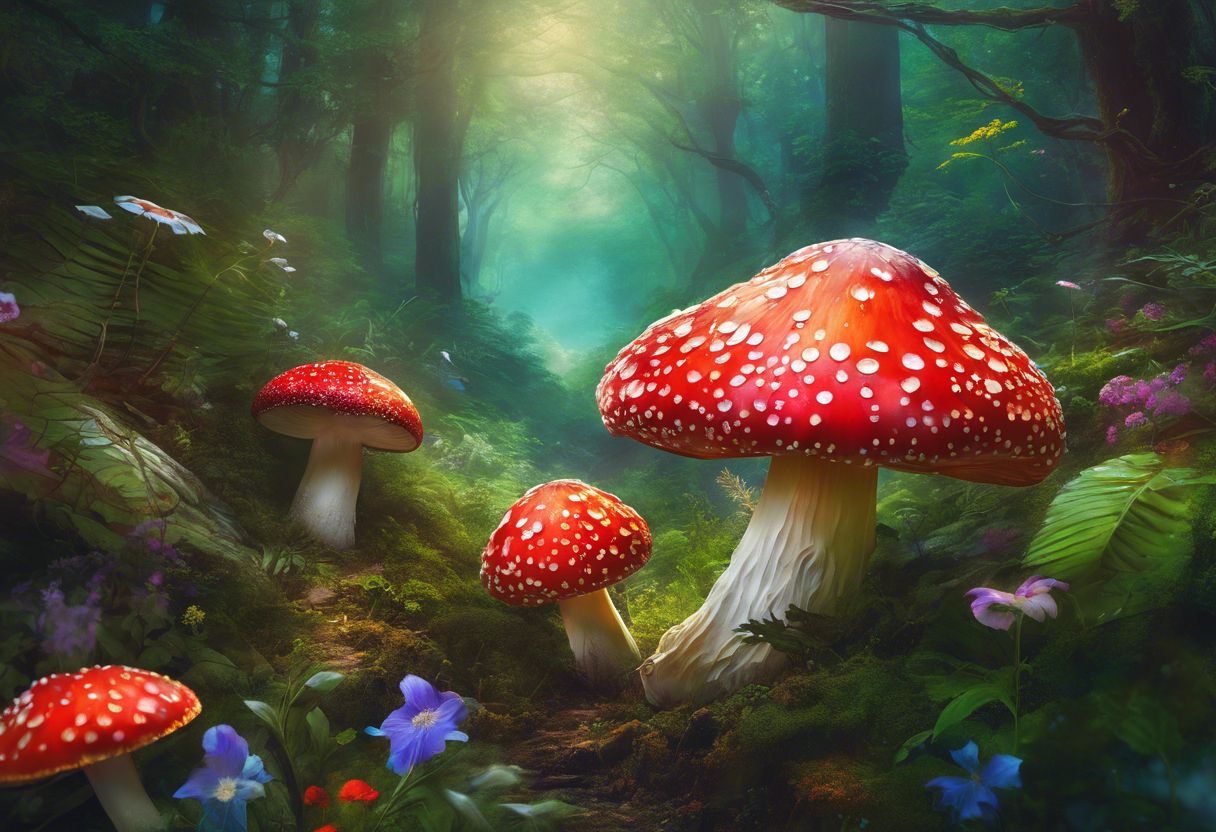 Vibrant Amanita Muscaria gummies surrounded by lush foliage and wildflowers. Vibrant Amanita Muscaria gummies surrounded by lush foliage and wildflowers.