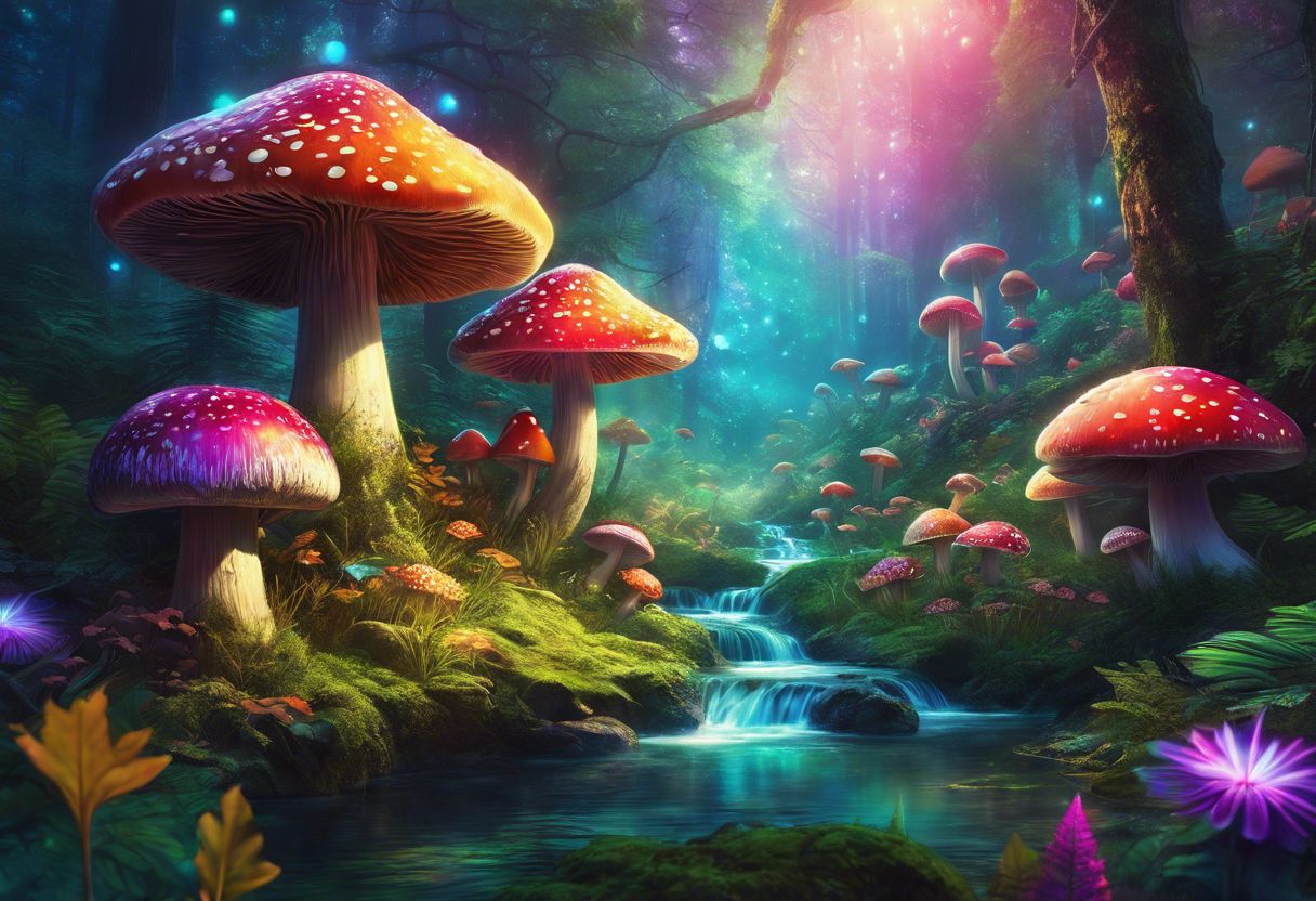 A cluster of psychedelic mushrooms in a magical, enchanting forest.