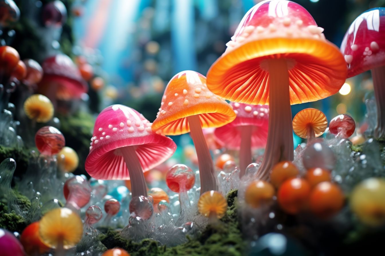Colorful mushroom gummies surrounded by natural elements in macro photography.
