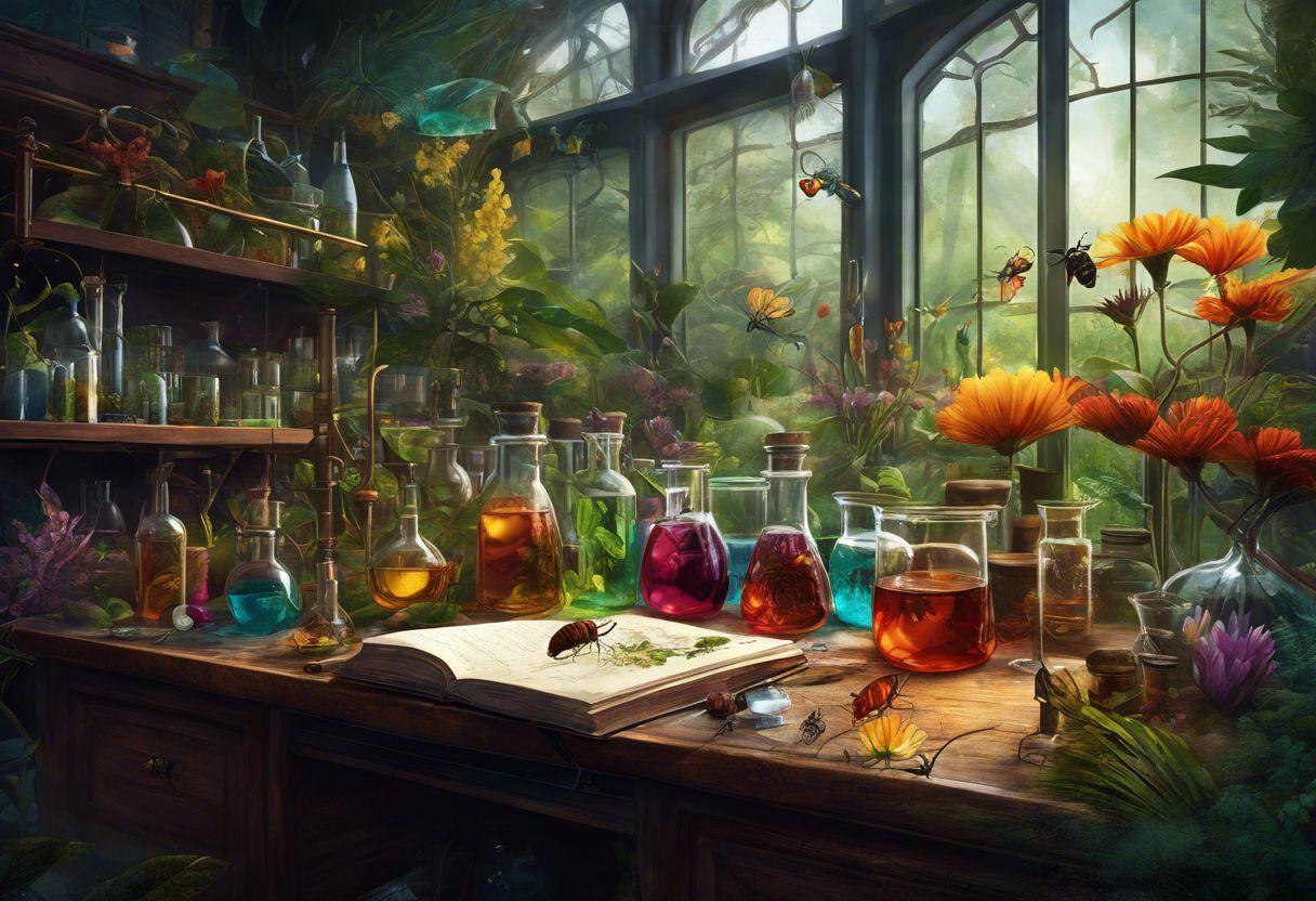 A laboratory showcasing vibrant nature close-up shots of flowers, leaves, and insects. A laboratory showcasing vibrant nature close-up shots of flowers, leaves, and insects.