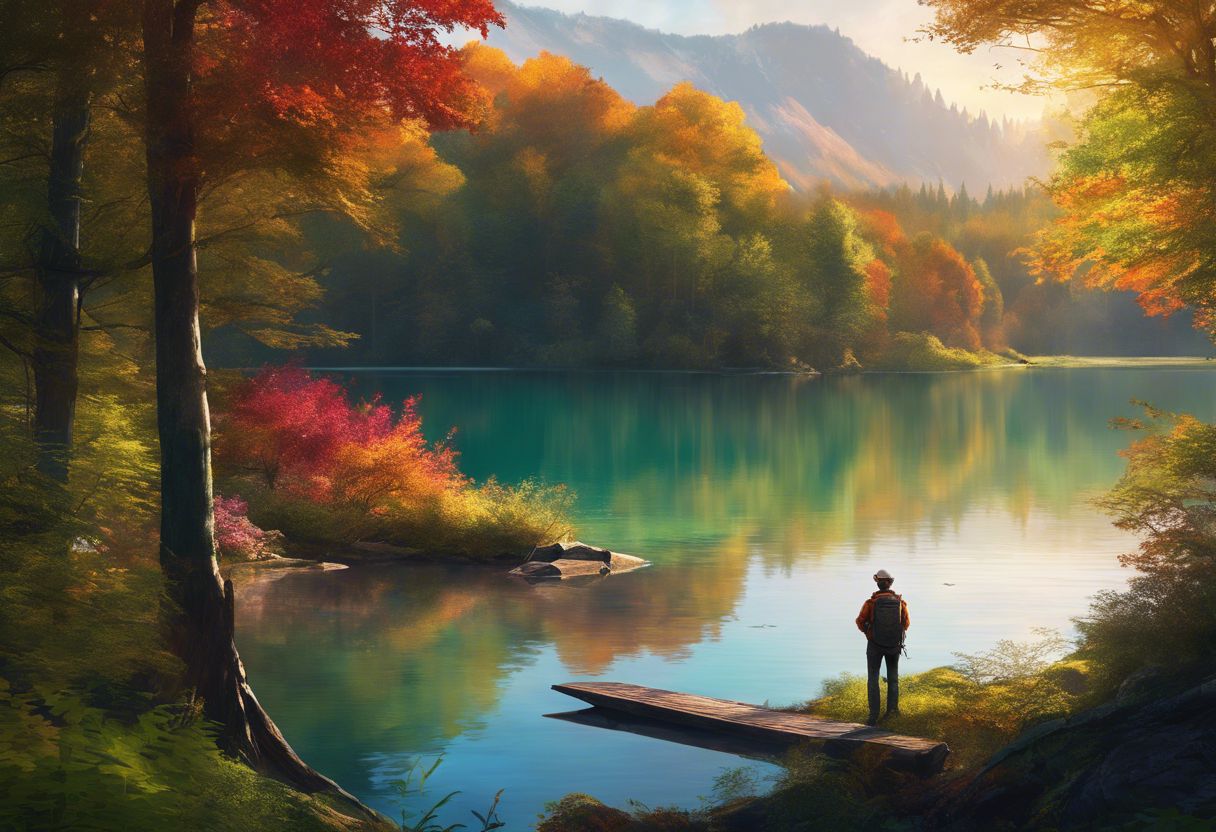 A person enjoying a peaceful moment in nature by a secluded lake. A person enjoying a peaceful moment in nature by a secluded lake.