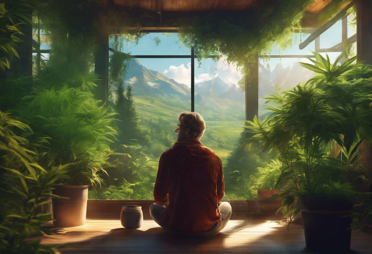 Person sitting with marijuana plants in relaxed environment surrounded by nature. Person sitting with marijuana plants in relaxed environment surrounded by nature.