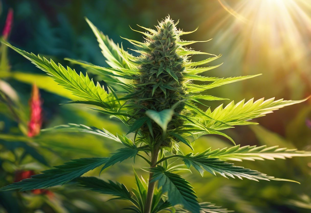 A healthy cannabis plant with lush green leaves and resinous buds. A healthy cannabis plant with lush green leaves and resinous buds.
