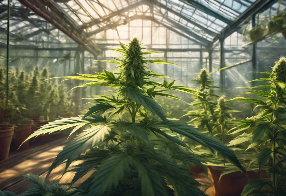 Mature cannabis plant with buds in greenhouse, highlighting growth and vitality. Mature cannabis plant with buds in greenhouse, highlighting growth and vitality.