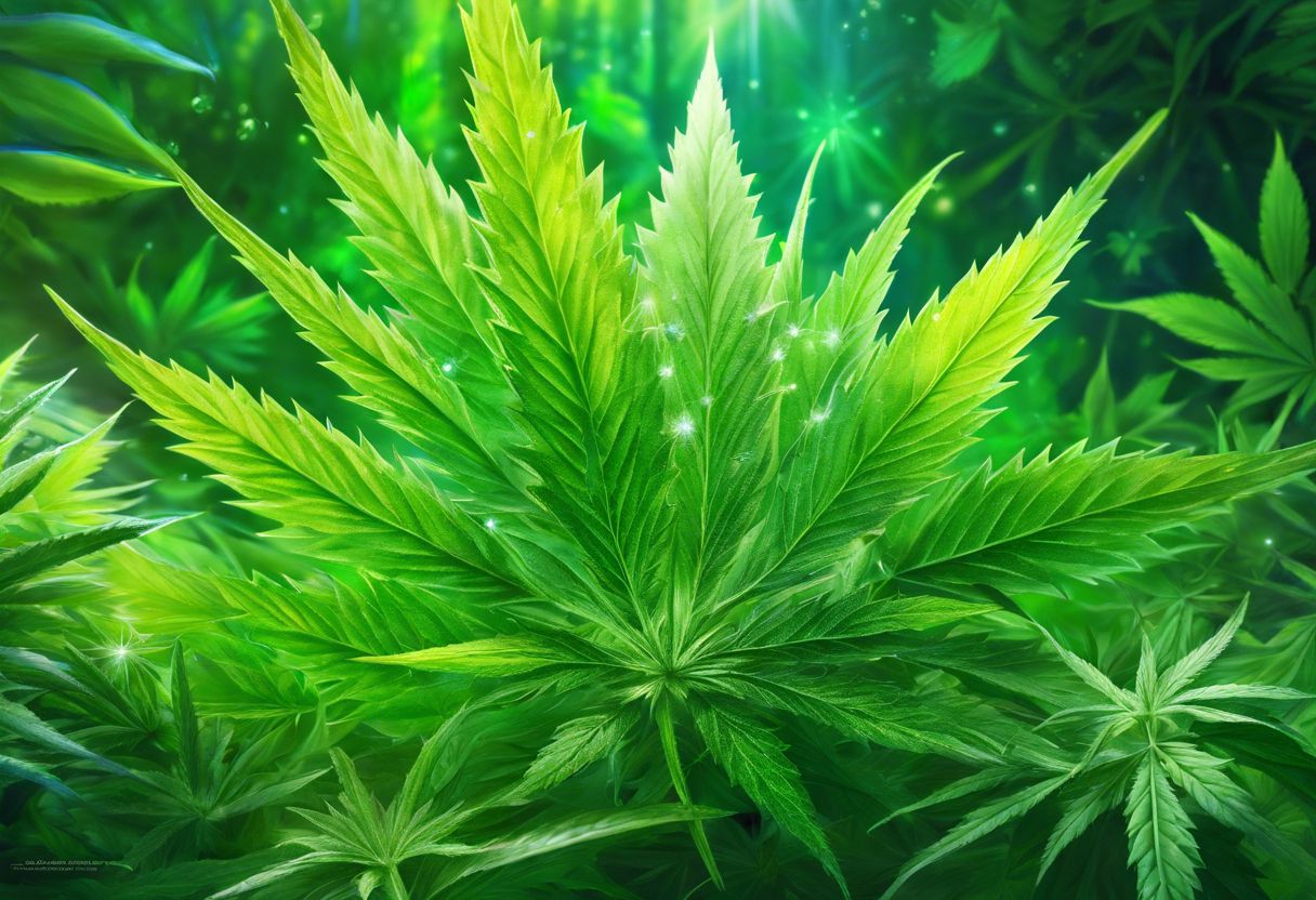 Vibrant cannabis leaves with THC crystals glistening in the sunlight. Vibrant cannabis leaves with THC crystals glistening in the sunlight.