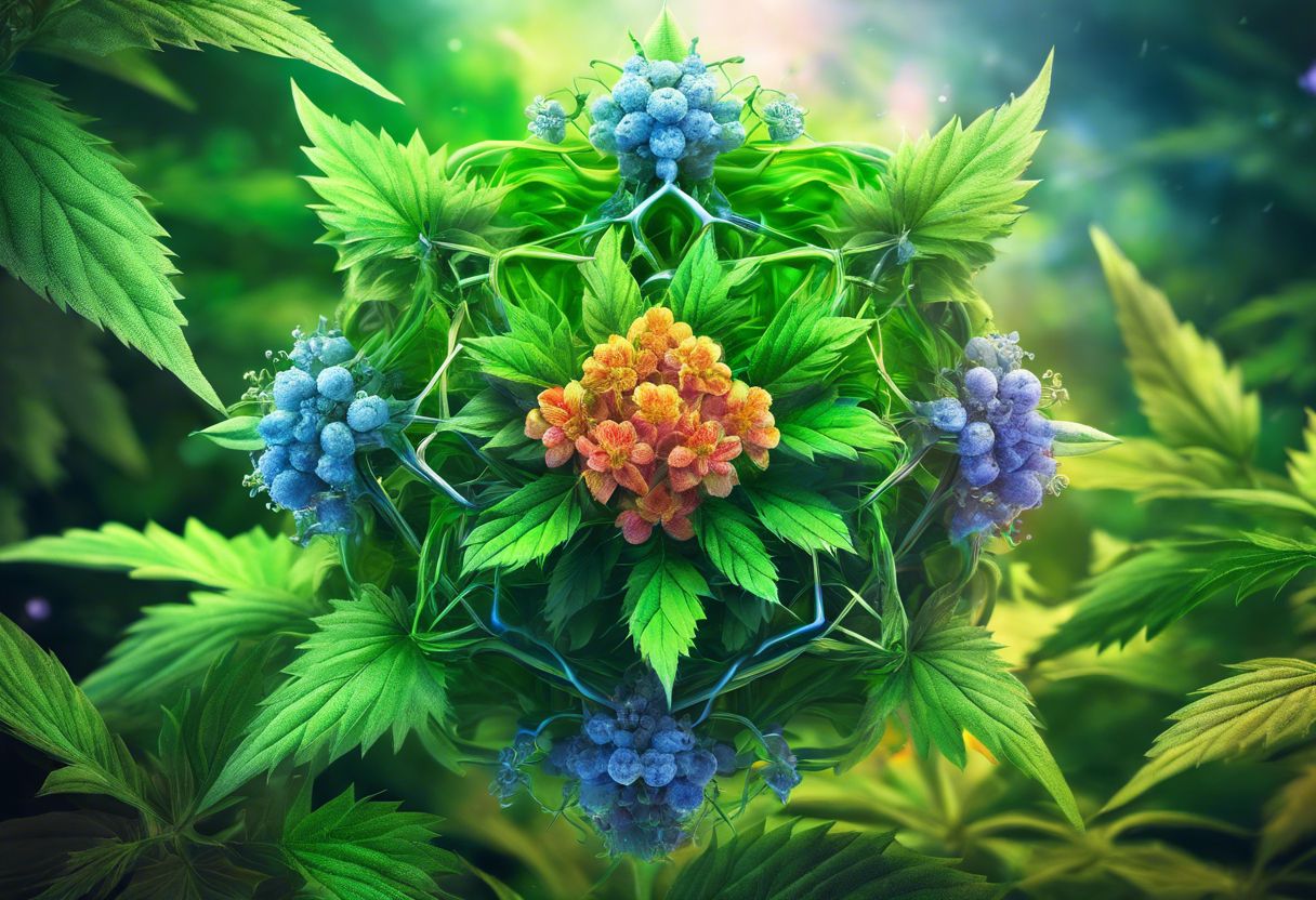 Close-up of THC-B molecule surrounded by blooming cannabis plants, emphasizing nature-science connection.
