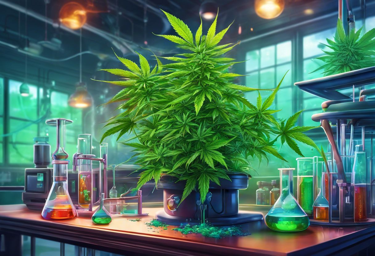 A cannabis plant in a research lab with vibrant leaves and equipment. A cannabis plant in a research lab with vibrant leaves and equipment.