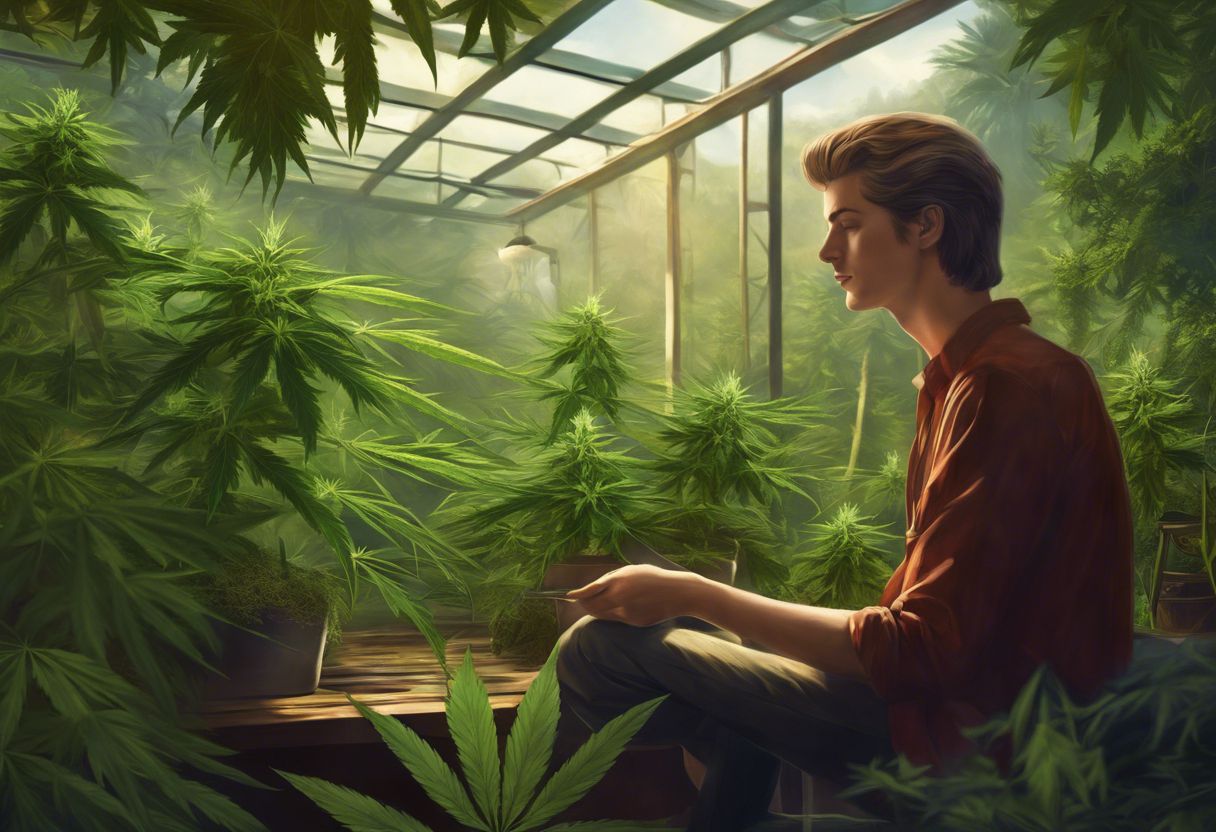 A person surrounded by cannabis plants in a serene setting. A person surrounded by cannabis plants in a serene setting.