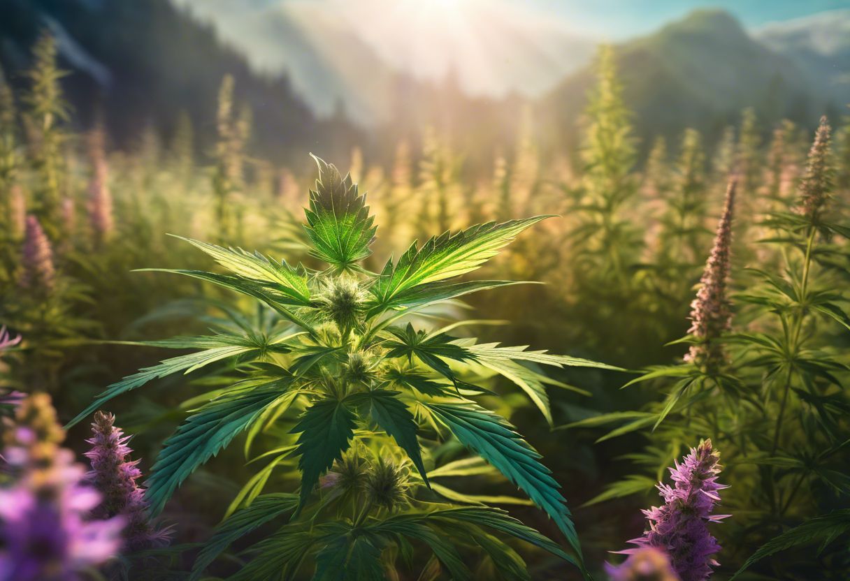 A cannabis plant surrounded by vibrant wildflowers, highlighting its intricate leaves. A cannabis plant surrounded by vibrant wildflowers, highlighting its intricate leaves.