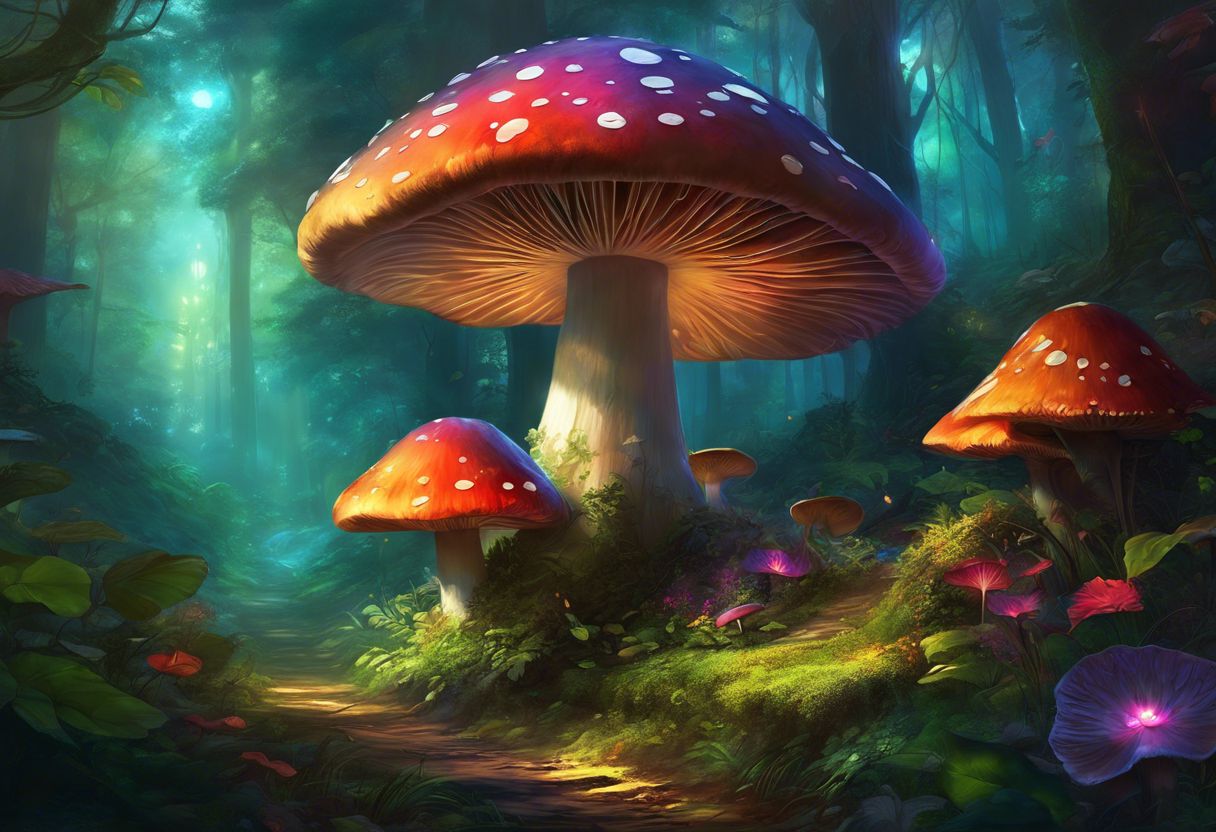 A tranquil forest scene with vibrant mushrooms and lush greenery. A tranquil forest scene with vibrant mushrooms and lush greenery.