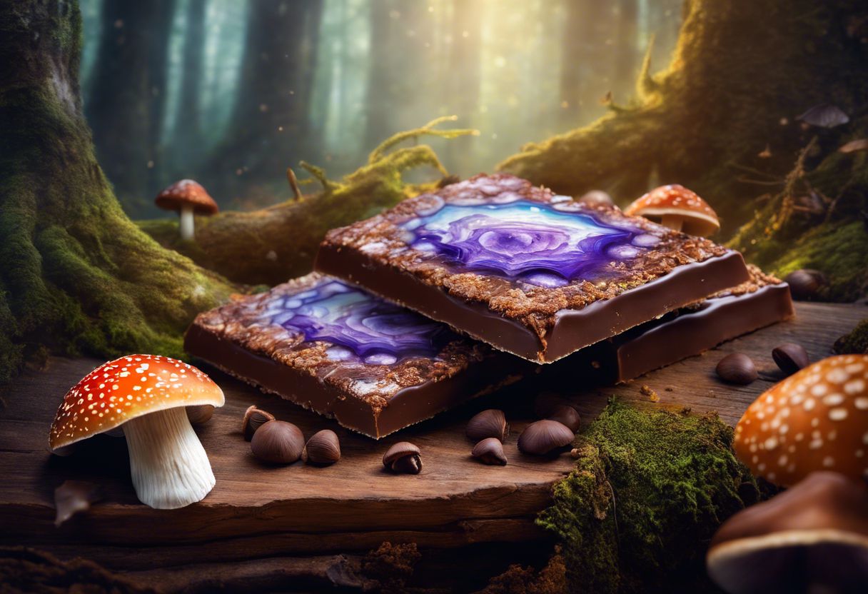 Two squares of magic mushroom chocolate bars and extracts on table. Two squares of magic mushroom chocolate bars and extracts on table.