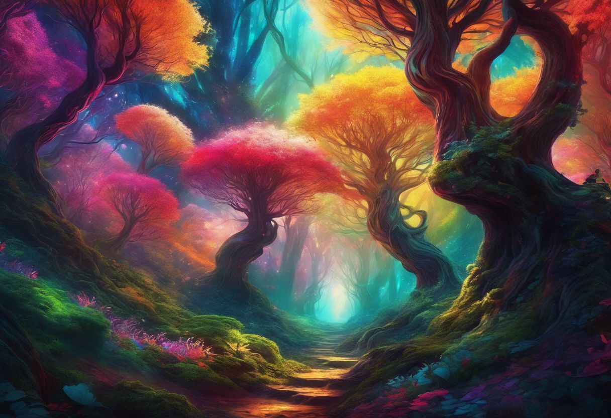 A surreal and vibrant psychedelic forest with swirling patterns and surreal shapes. A surreal and vibrant psychedelic forest with swirling patterns and surreal shapes.