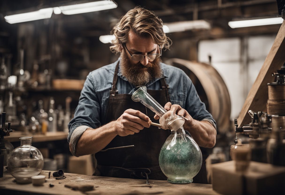 An artisan crafting a glass bong in a modern workshop. An artisan crafting a glass bong in a modern workshop.