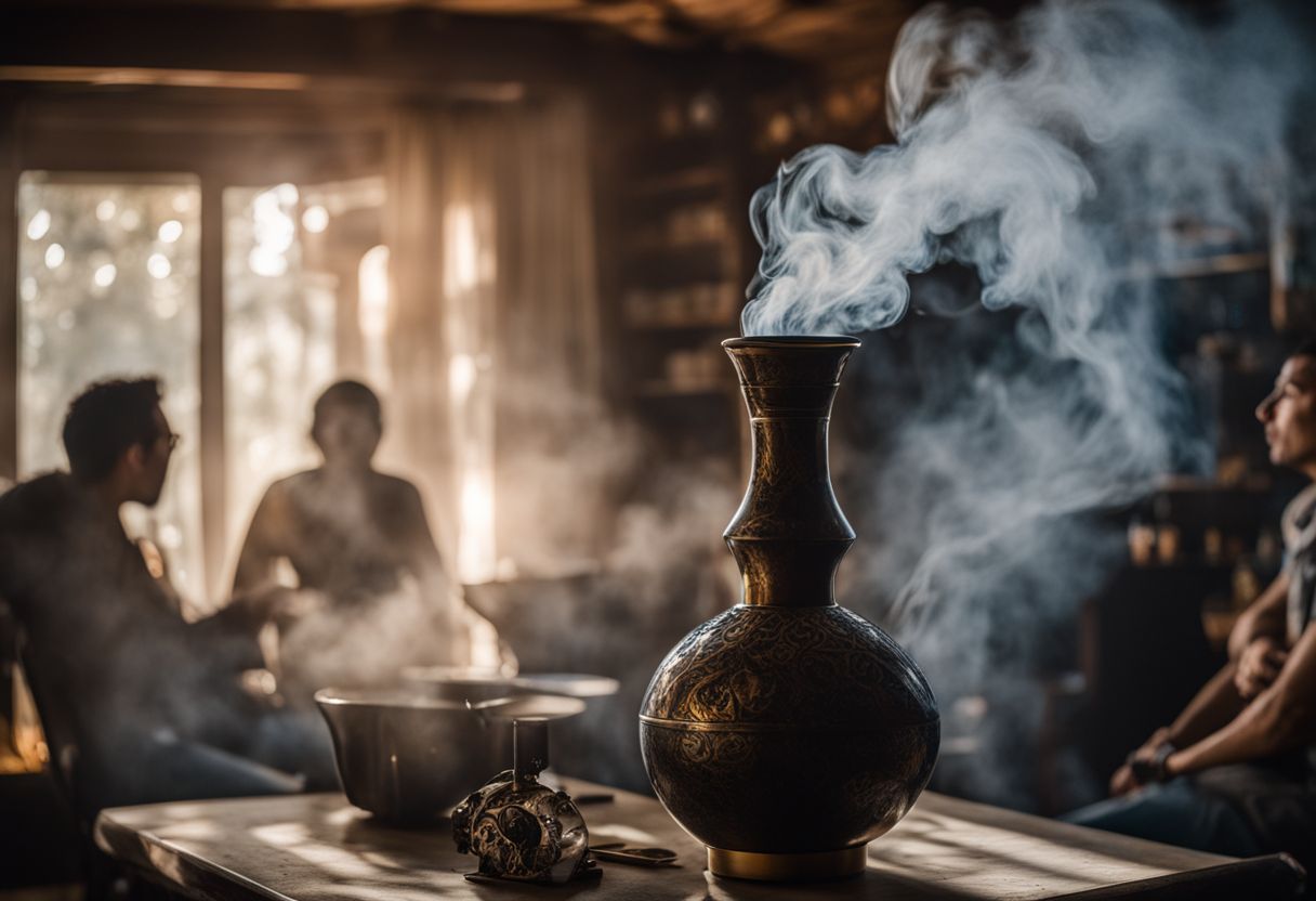 A photo of smoke traveling through a bong in a dimly lit room. A photo of smoke traveling through a bong in a dimly lit room.