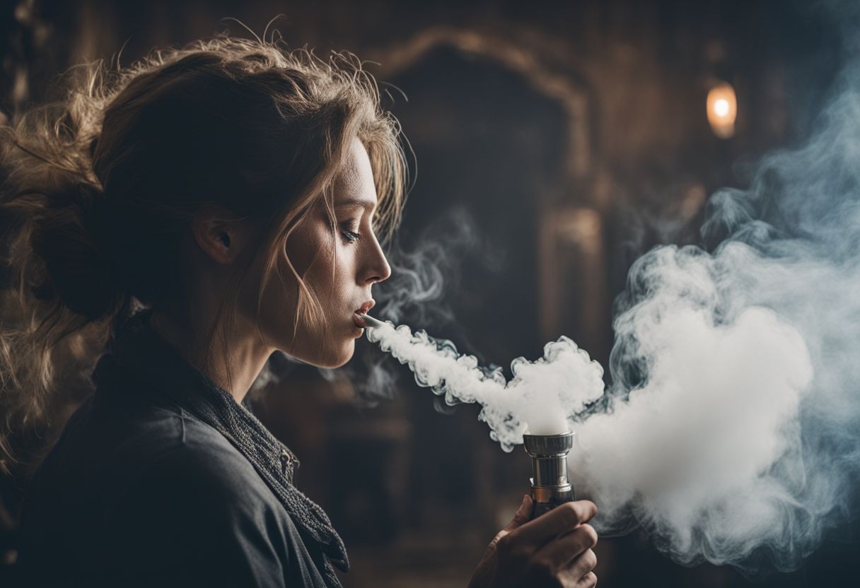 The photo depicts a person smoking from a bong in a smoke-filled room. The photo depicts a person smoking from a bong in a smoke-filled room.