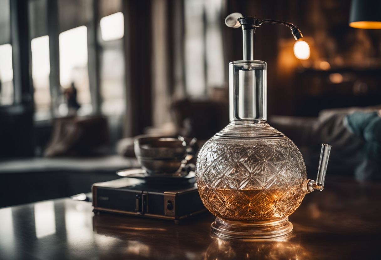 A detailed bong displayed on a glass table in a bustling atmosphere. A detailed bong displayed on a glass table in a bustling atmosphere.