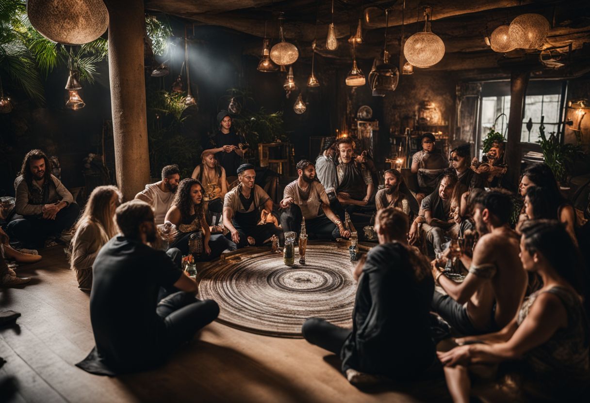A diverse group dispelling myths around bongs surrounded by modern and traditional designs. A diverse group dispelling myths around bongs surrounded by modern and traditional designs.