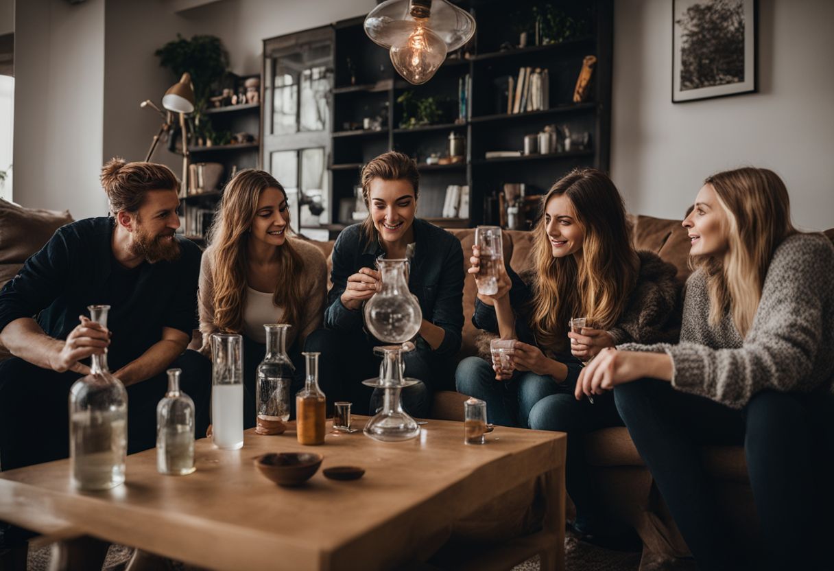 A group of friends testing out different bong shapes in a cozy living room. A group of friends testing out different bong shapes in a cozy living room.