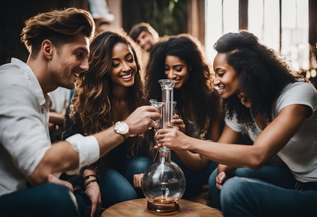 A group of friends enjoying a beaker bong in a social setting. A group of friends enjoying a beaker bong in a social setting.