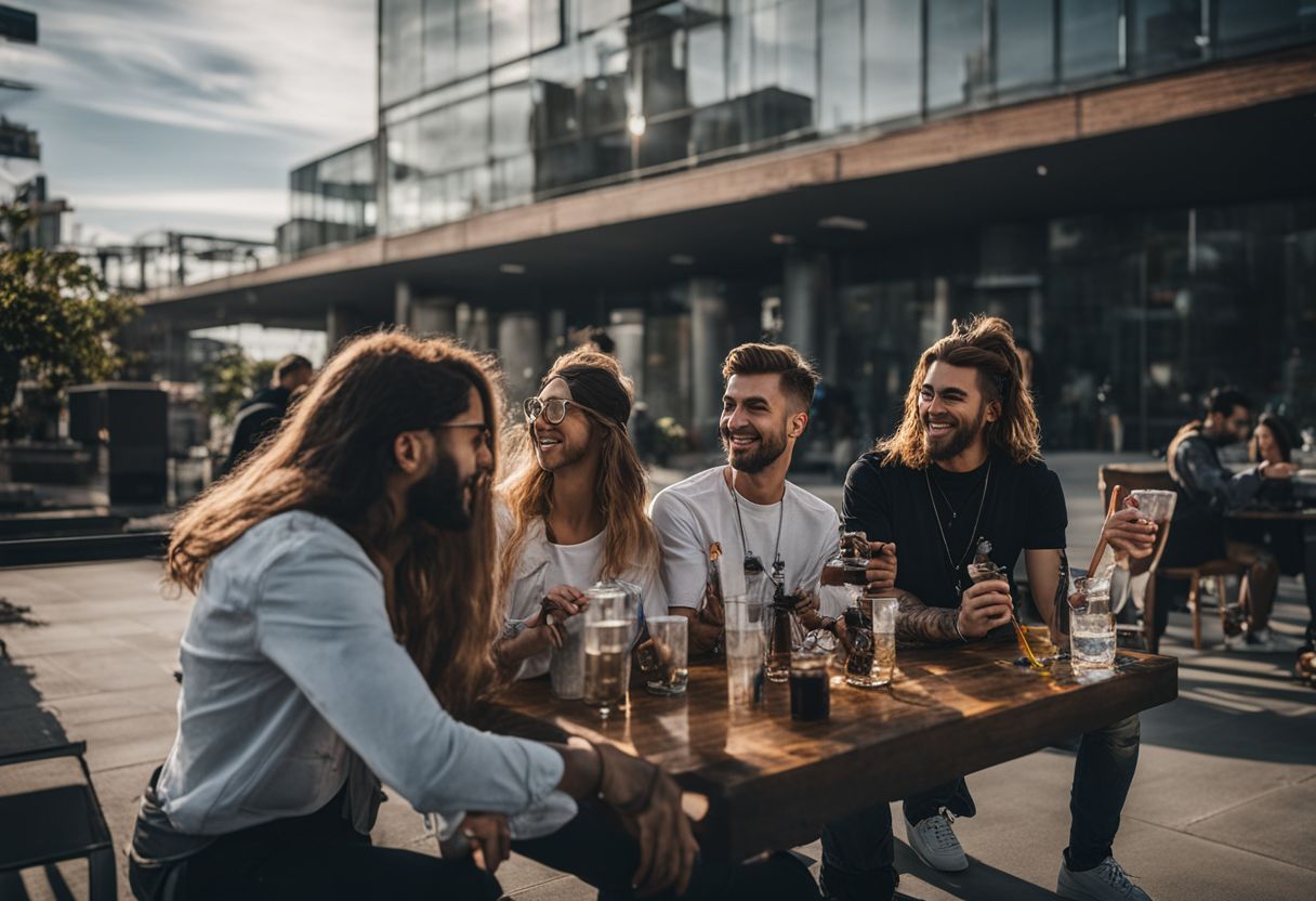 A group of friends enjoying a smoke session with advanced glass bongs.