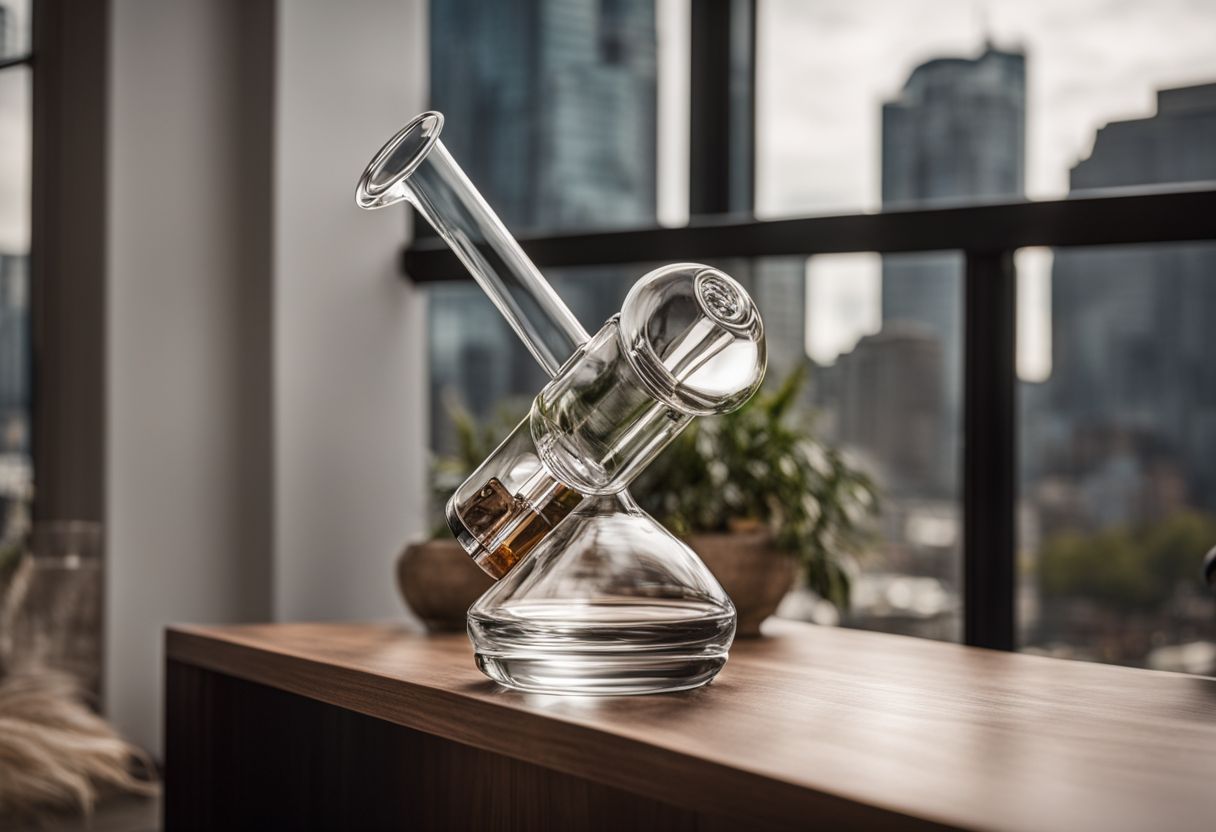 An elegant glass bong displayed on a polished wooden shelf. An elegant glass bong displayed on a polished wooden shelf.