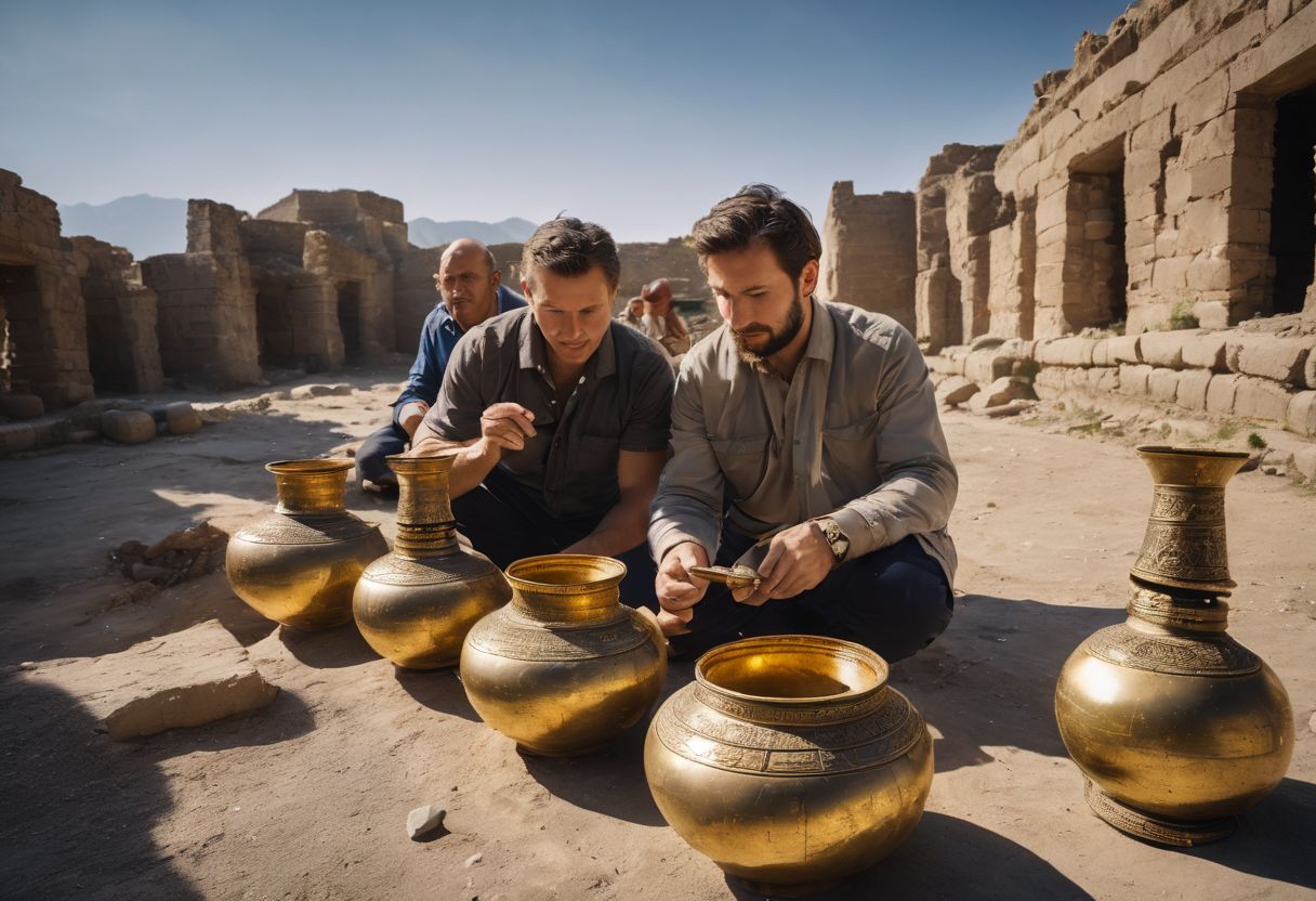 A group of researchers examining ancient gold bongs in Central Asian ruins. A group of researchers examining ancient gold bongs in Central Asian ruins.