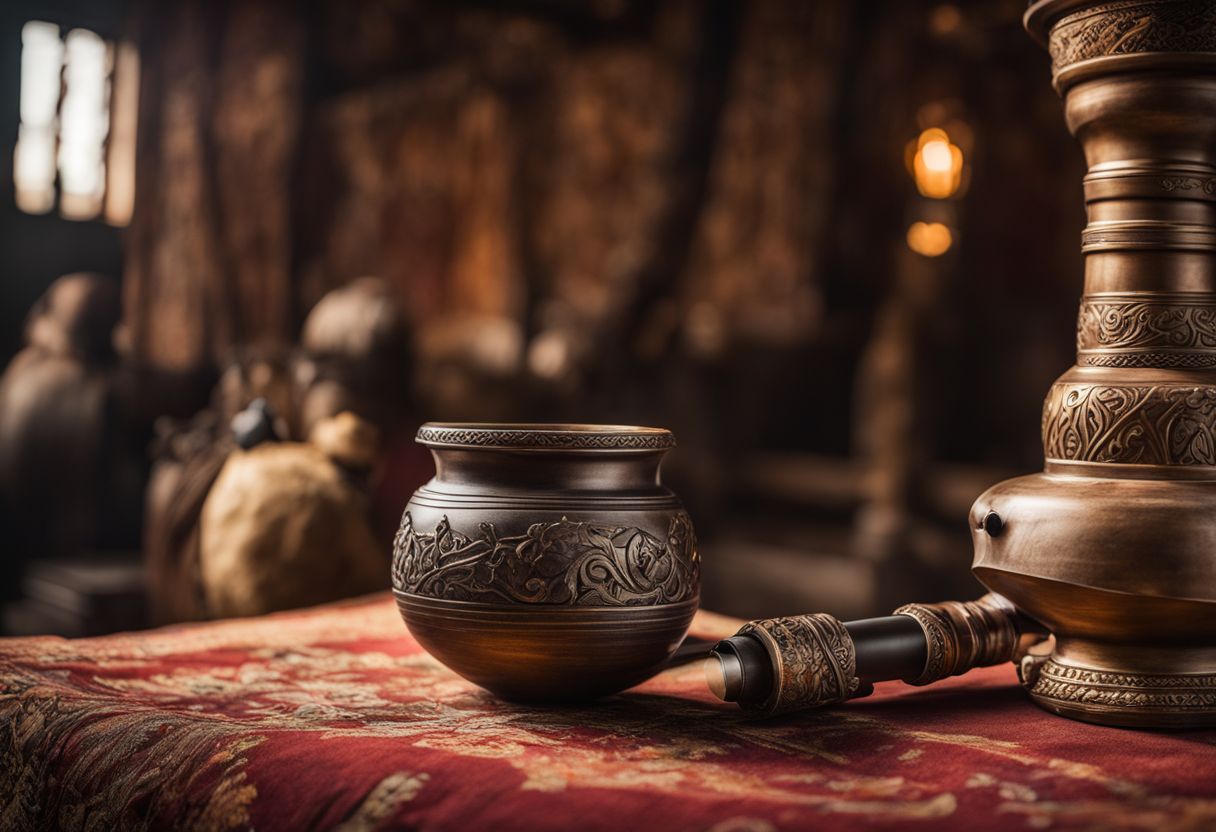 An ancient water pipe displayed on a traditional tapestry in a bustling atmosphere. An ancient water pipe displayed on a traditional tapestry in a bustling atmosphere.