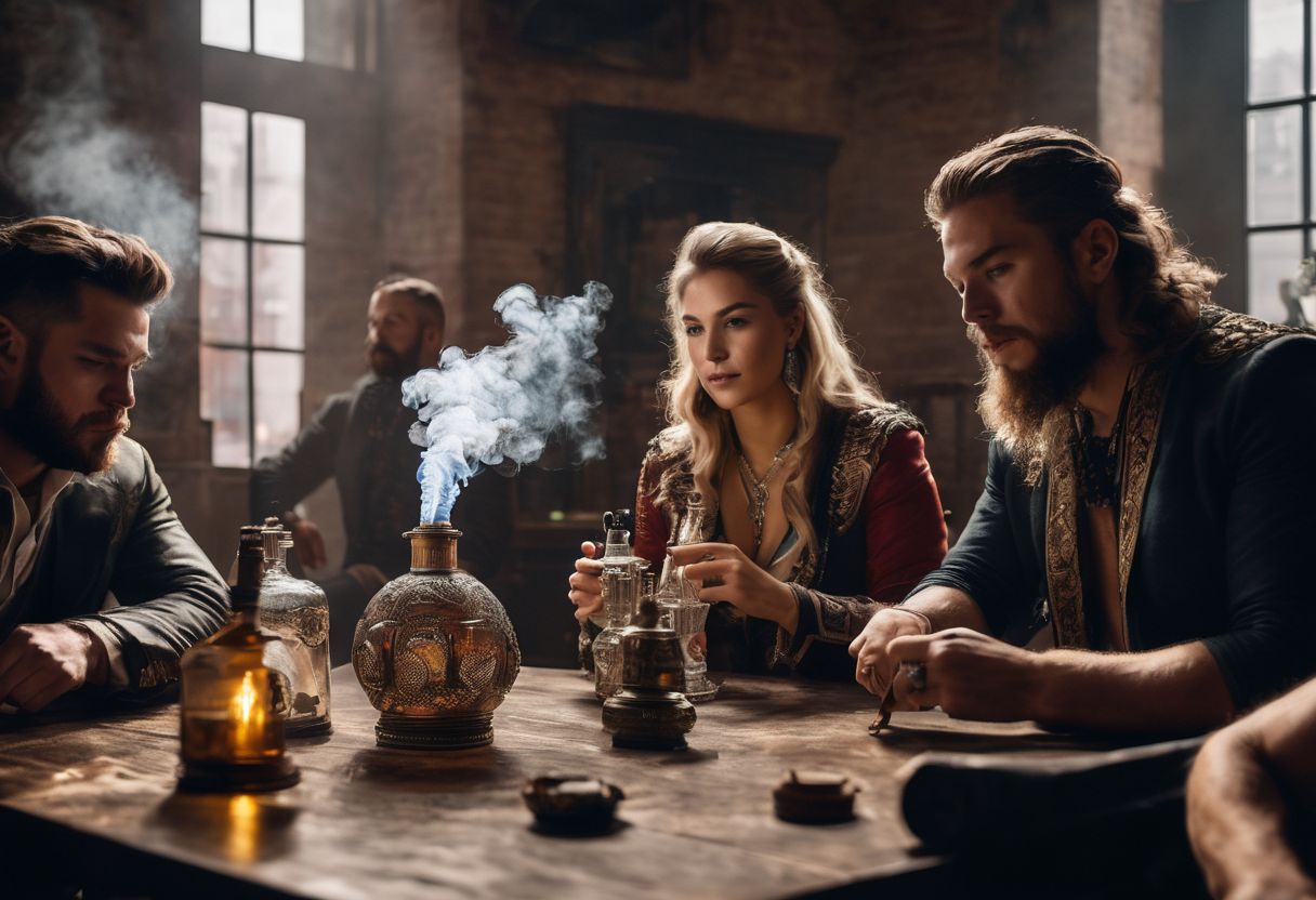 A group of diverse individuals enjoying a smoke session with various bong designs. A group of diverse individuals enjoying a smoke session with various bong designs.