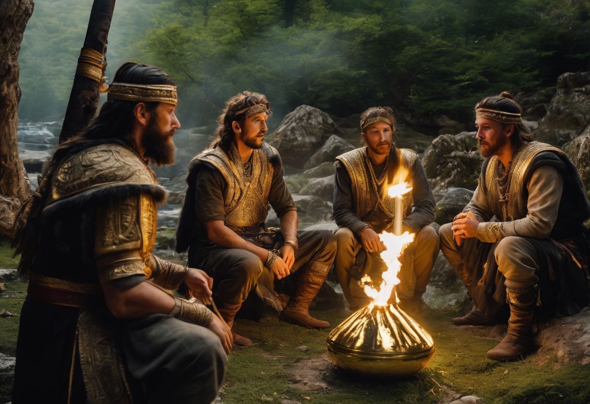 A group of ancient warriors gathering around a golden bong. A group of ancient warriors gathering around a golden bong.