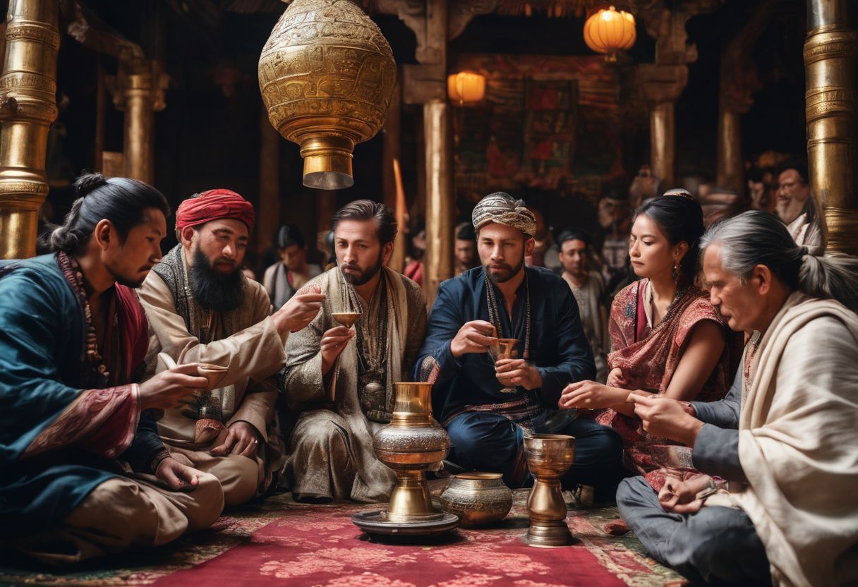 A diverse group passes around a traditional bong in a ceremonial setting. A diverse group passes around a traditional bong in a ceremonial setting.