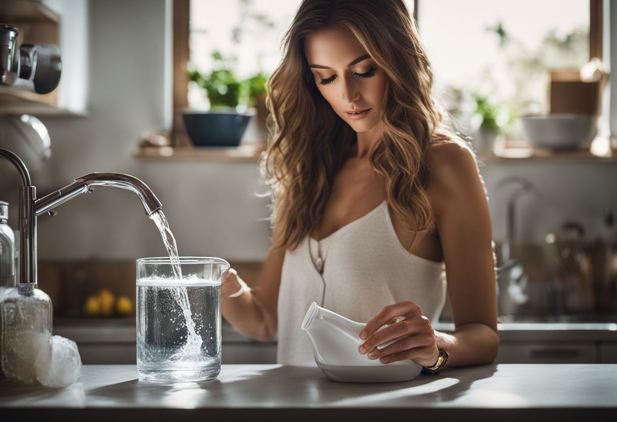 A woman pouring out bong water in a well-lit kitchen.