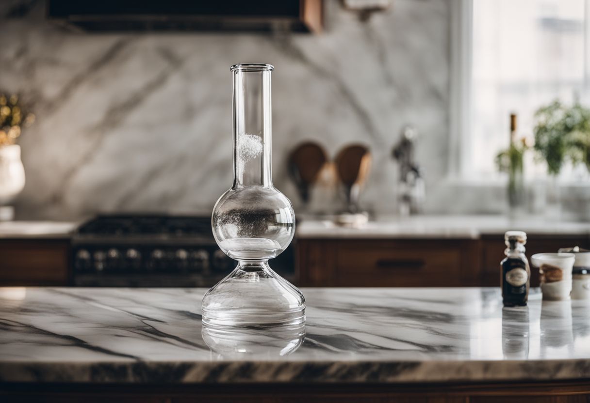 A clean bong on a marbled countertop with isopropyl alcohol and salt.