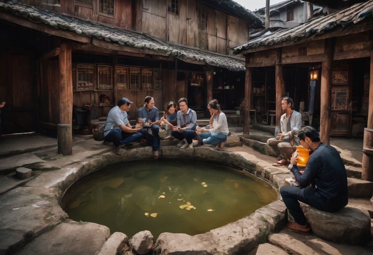 A diverse group of people gathered around a bong in a bustling city atmosphere.