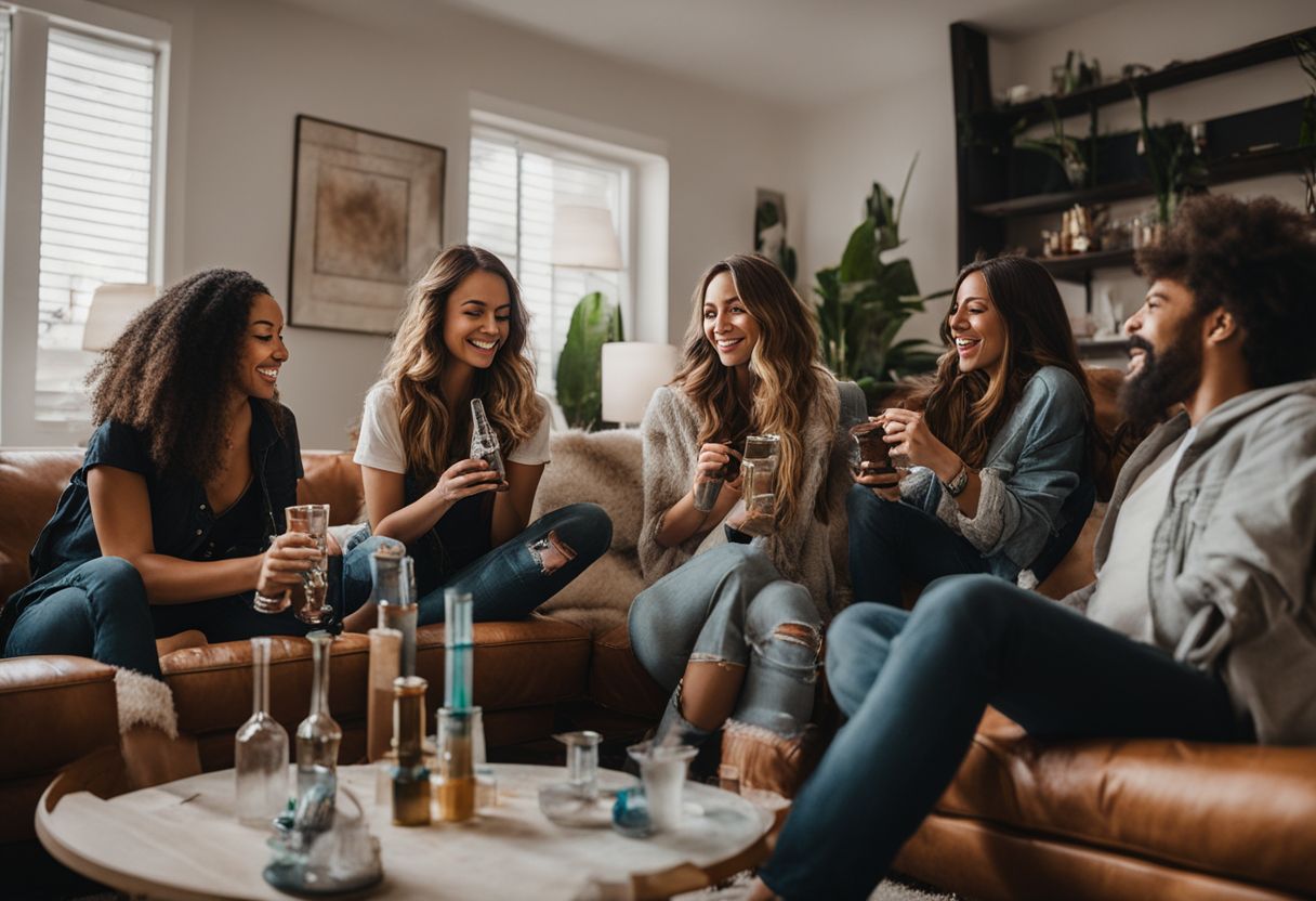 A group of friends enjoying various bongs in a cozy living room. A group of friends enjoying various bongs in a cozy living room.