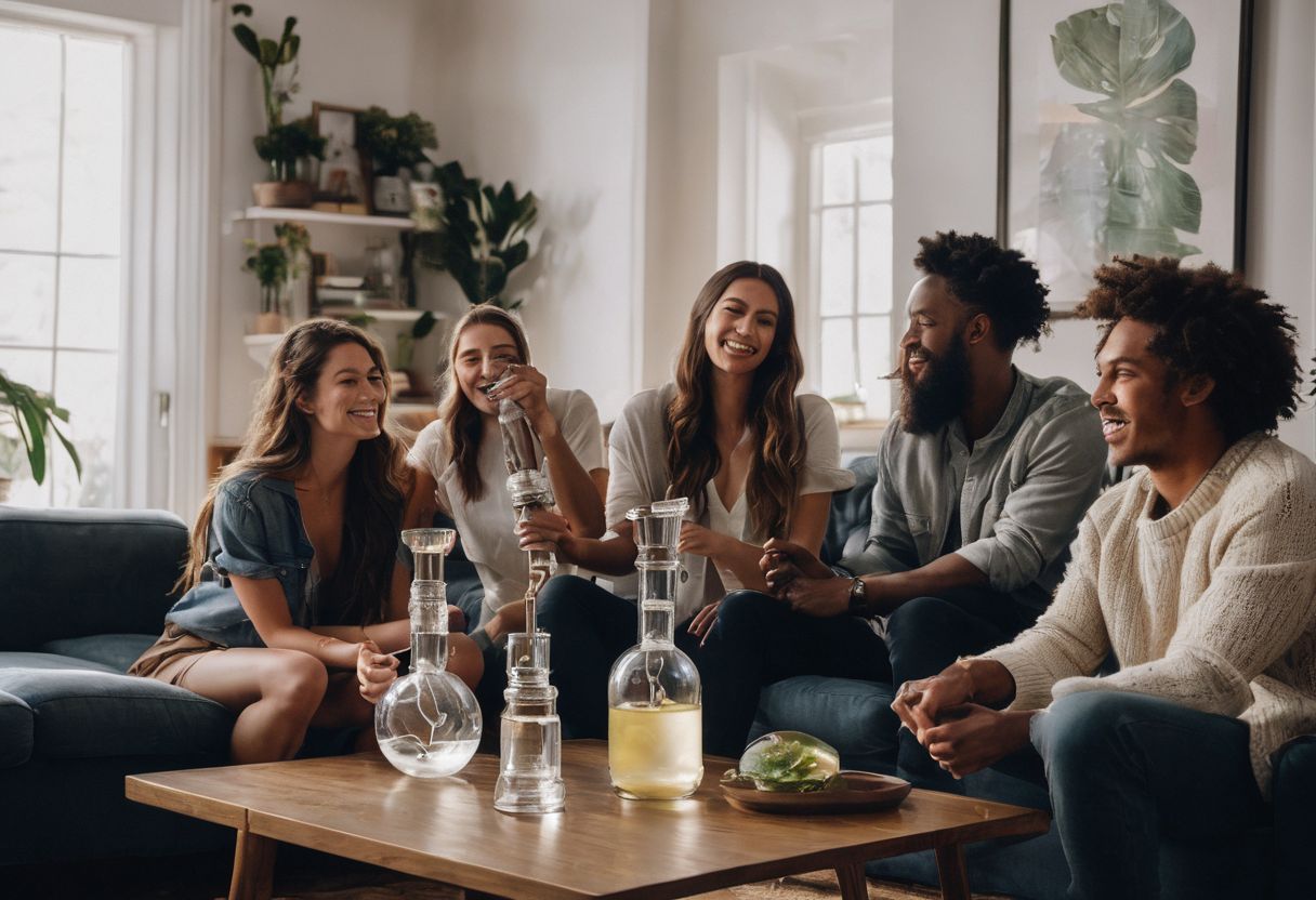 Friends enjoying classic glass bongs in a cozy living room. Friends enjoying classic glass bongs in a cozy living room.