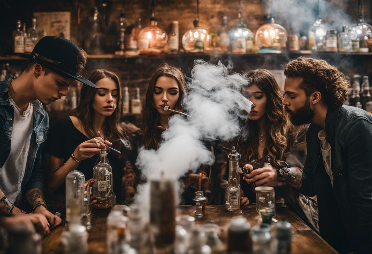 Group of friends trying out different bongs in a smoke shop. Group of friends trying out different bongs in a smoke shop.