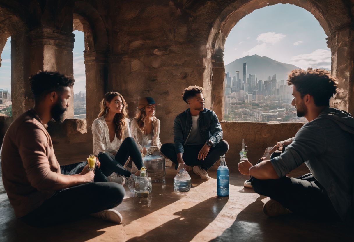 A group of friends passing a bong in a city setting. A group of friends passing a bong in a city setting.