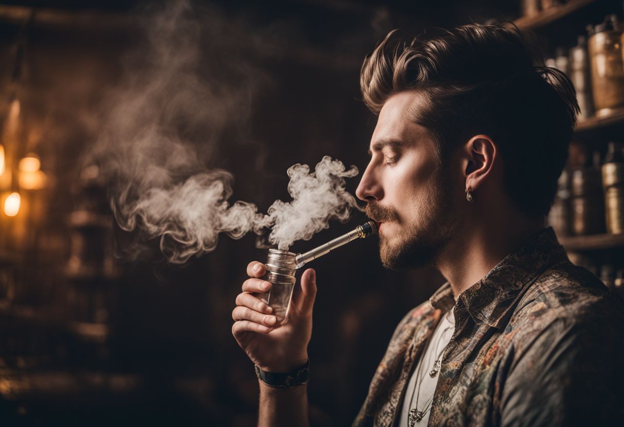 A person exhales from a bong surrounded by thick smoke.