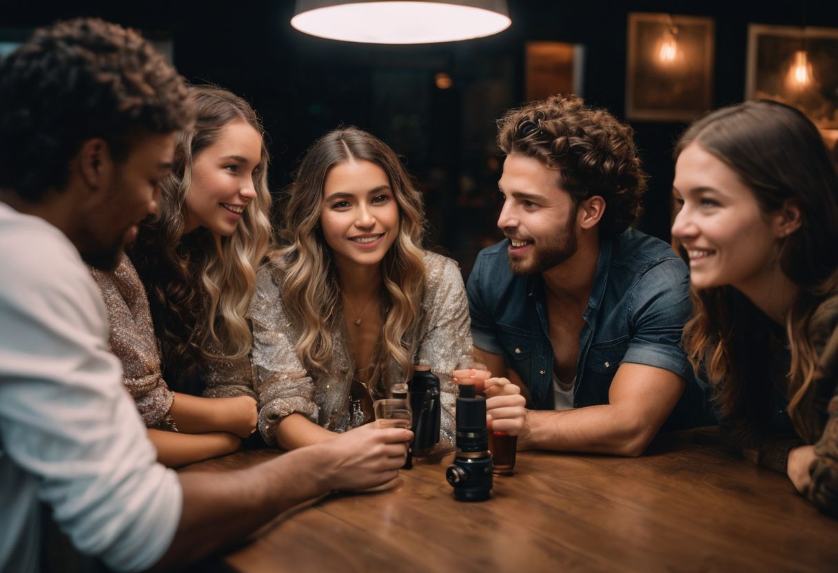 A group of friends sharing a bong in a cozy indoor setting.