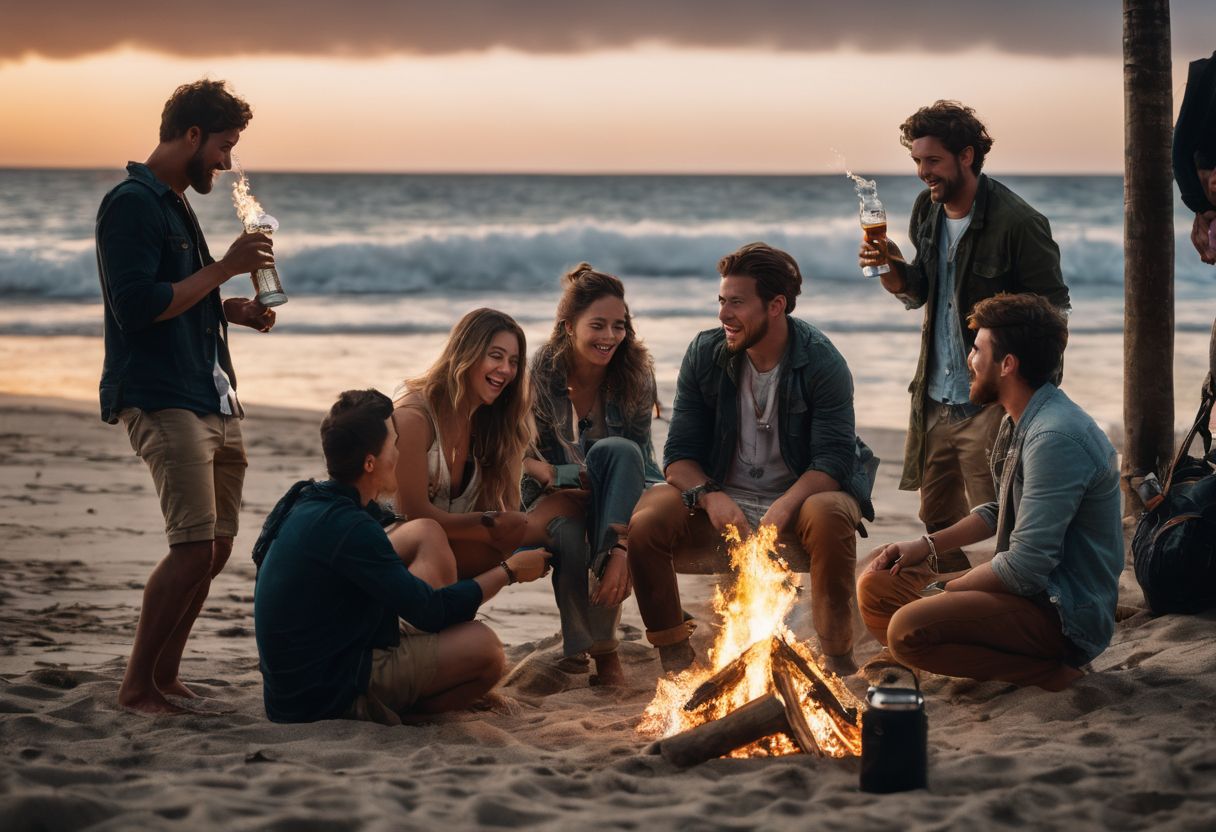 A group of friends enjoying a beach bonfire and passing around a bong.