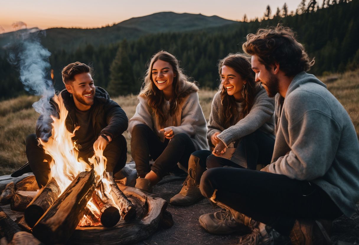 A group of friends enjoying cannabis around a campfire in nature.