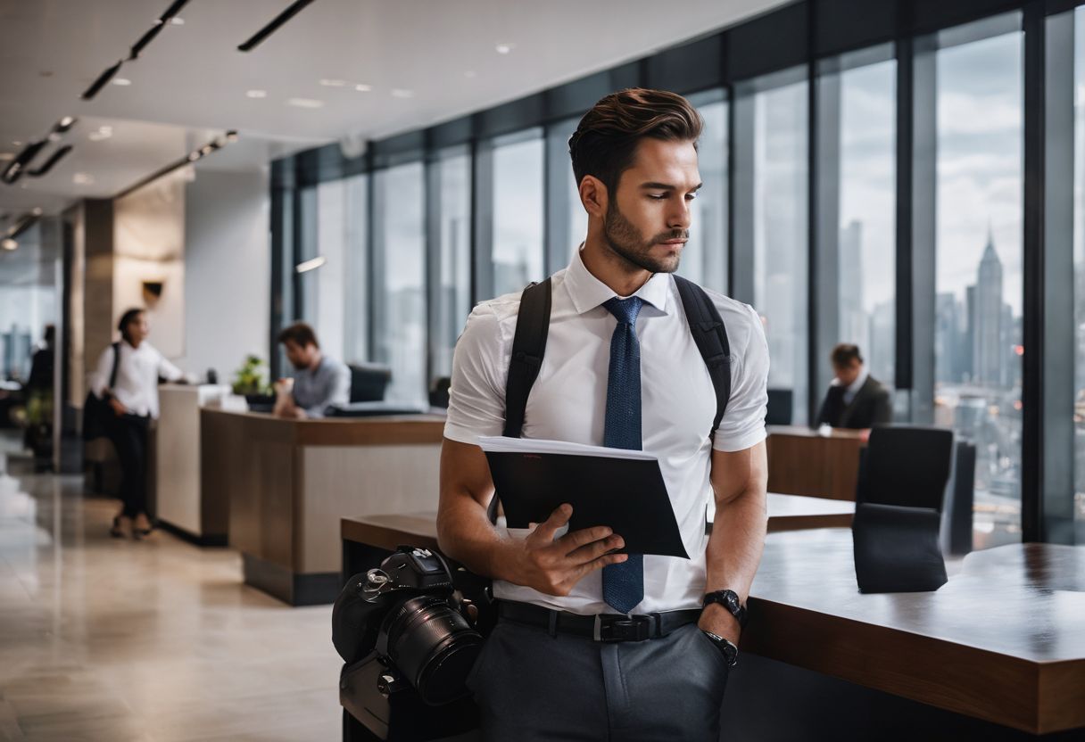 A person waits in a vibrant office lobby surrounded by documents. A person waits in a vibrant office lobby surrounded by documents.