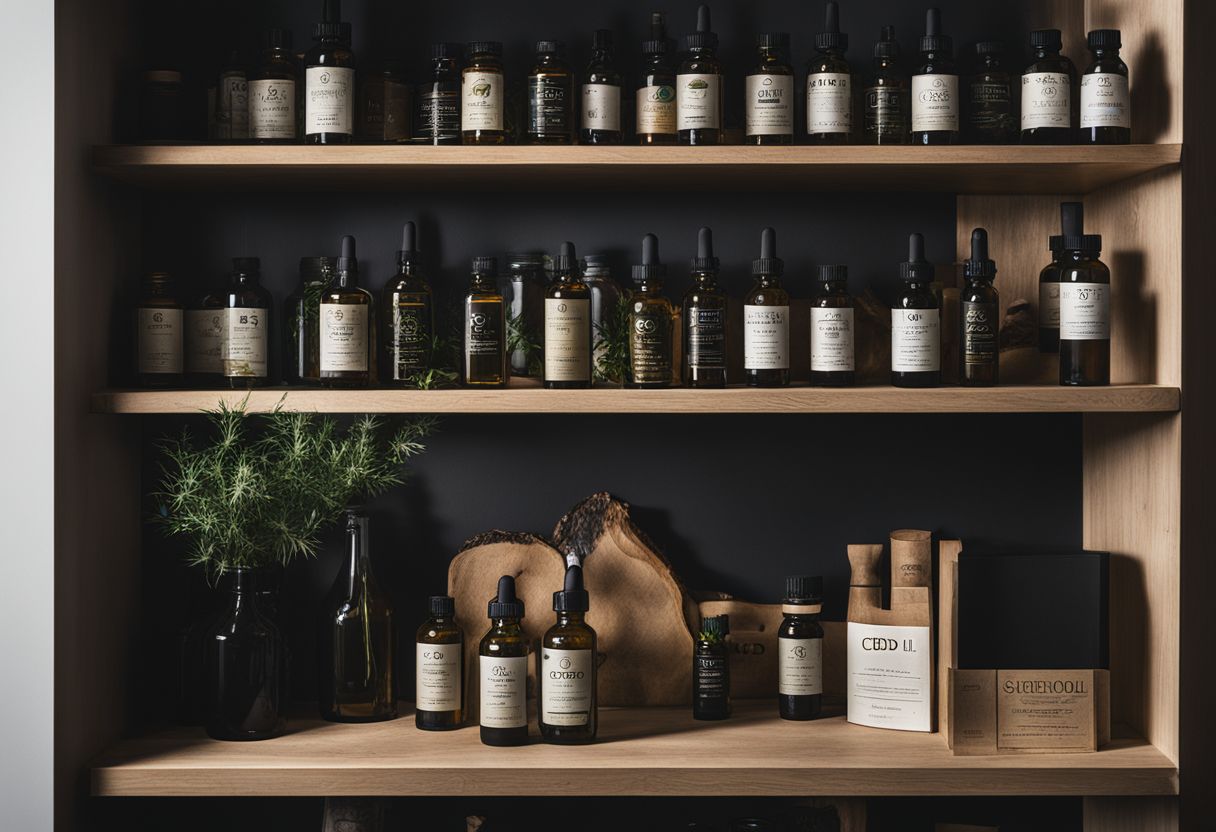 A bottle of CBD oil sits on a shelf in a well-lit pantry.