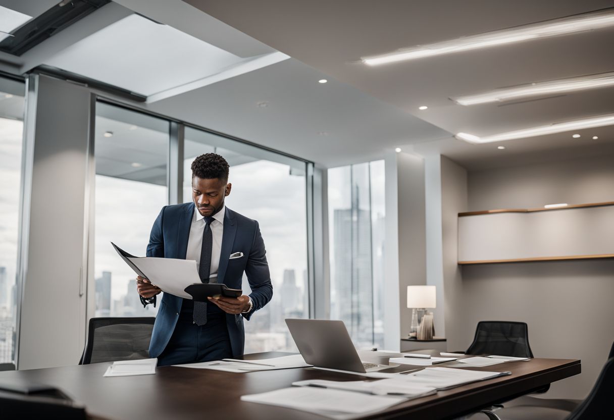 A man in a suit reviewing documents in a professional office. A man in a suit reviewing documents in a professional office.