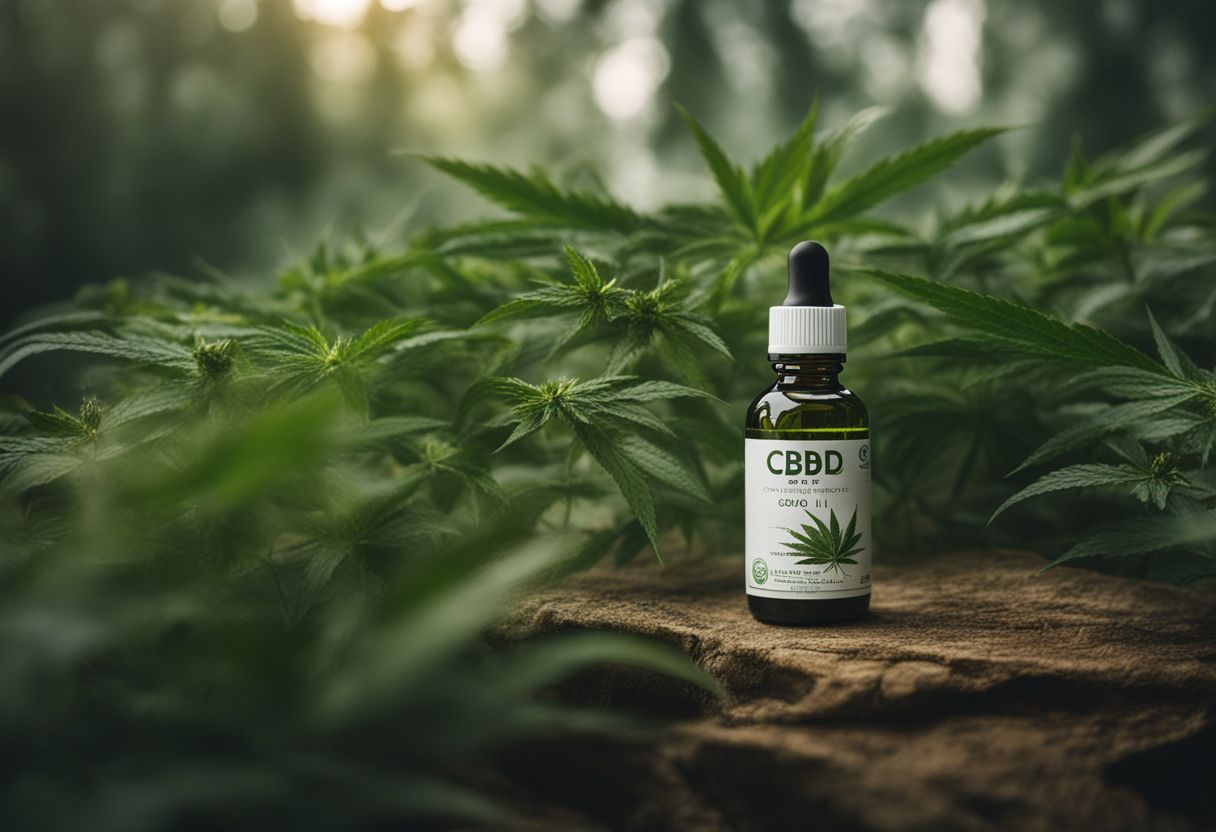 A bottle of CBD oil surrounded by green hemp plants and diverse people.