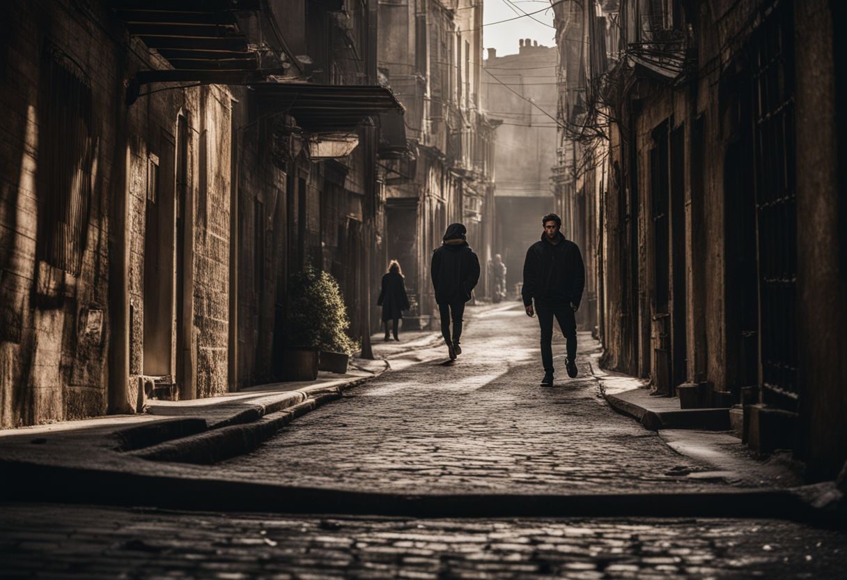 A dark alley in a hidden city showing criminal activity. A dark alley in a hidden city showing criminal activity.