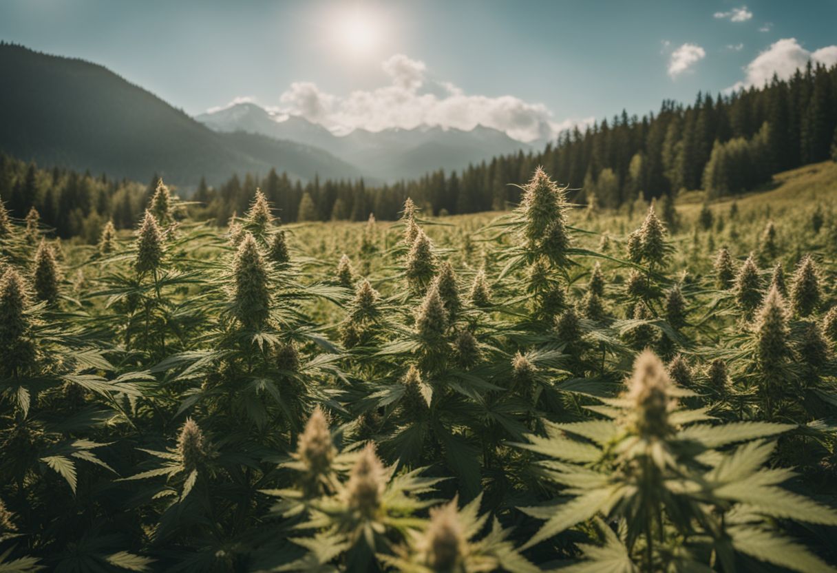 A field of blooming cannabis plants under the warm sun.
