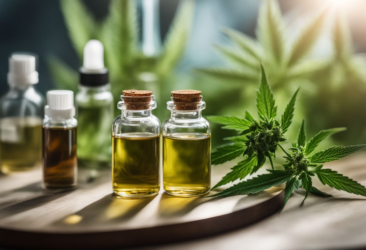 Two vials of CBN and CBD oil on a laboratory table with cannabis plants in the background. Two vials of CBN and CBD oil on a laboratory table with cannabis plants in the background.