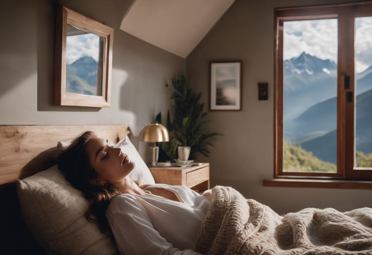 A person peacefully sleeping in a cozy bed surrounded by calming colors. A person peacefully sleeping in a cozy bed surrounded by calming colors.