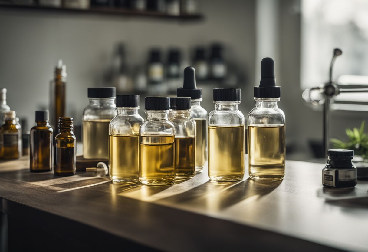 Bottles of CBD oil and THC extract on lab table. Bottles of CBD oil and THC extract on lab table.